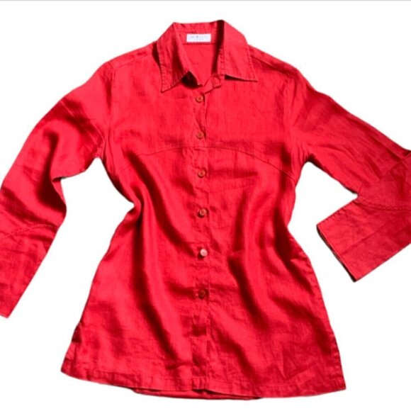 MOBACO Egyptian Linen Button Front Tunic Top Womens Sz 2 Red 52H - Picture 2 of 9